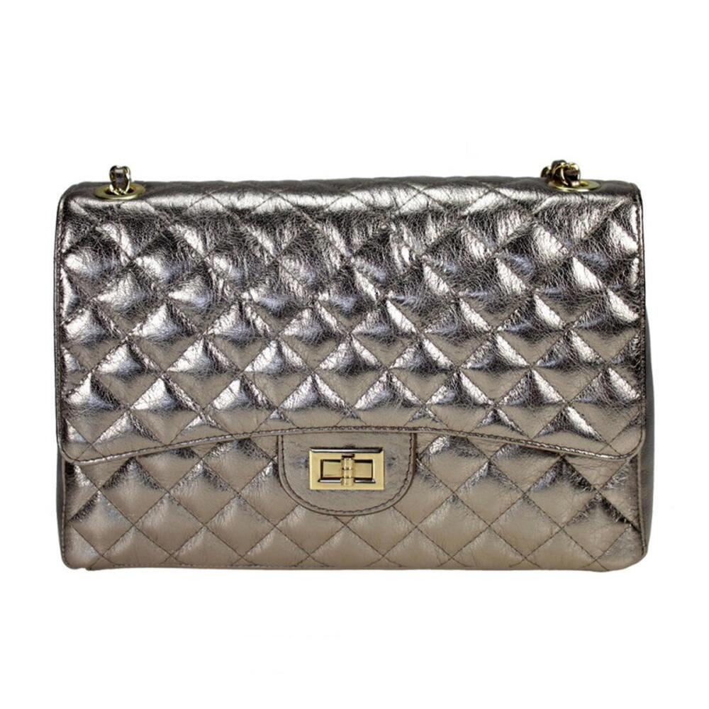 Chic Metallic Bronze Large Quilted Italian Leather Handbag Gold Hardware